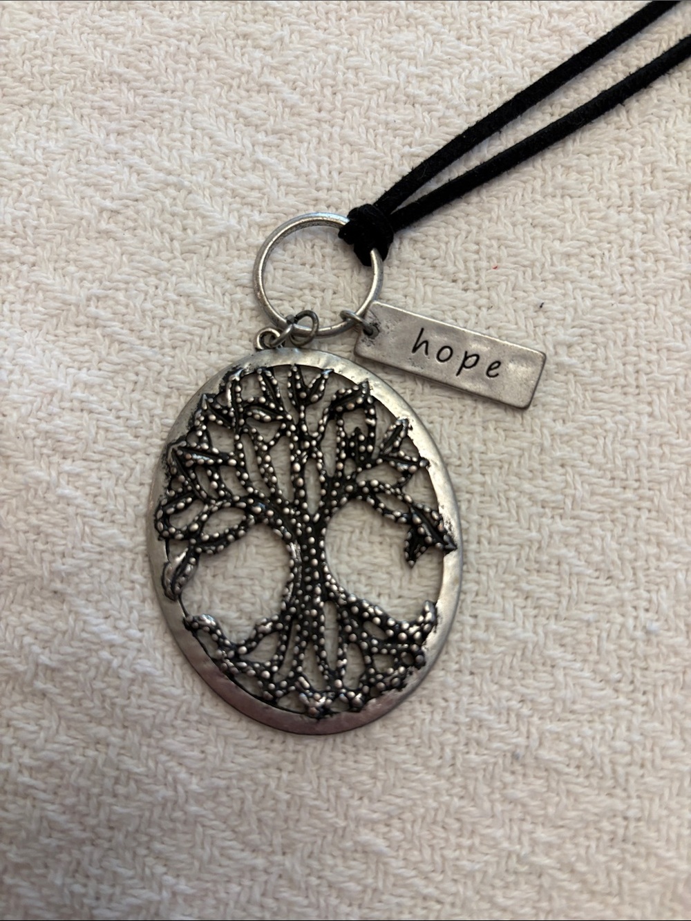 Boho Bundle of 3 Black Cord and Gunmetal Tree of Life Necklace with Pink Accent - Picture 6 of 10